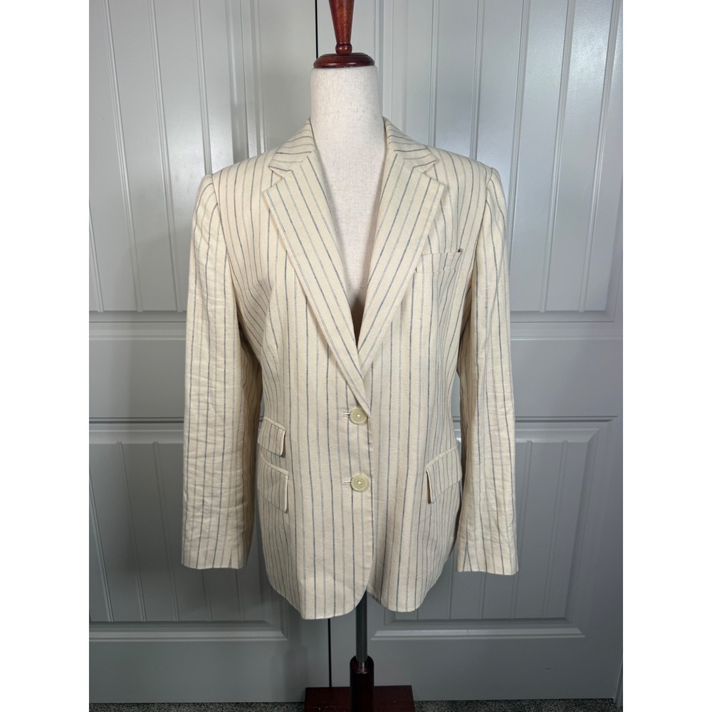 Lauren Ralph Lauren Blazer Women 14 Cream Linen Pinstripe Preppy Coastal Office